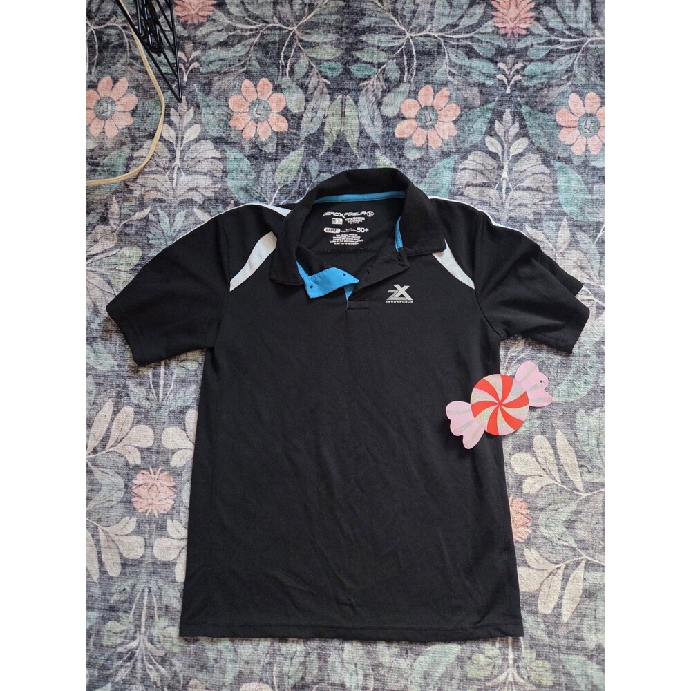 ZeroXposur Boys M 10/12 Black Blue Polo Shirt Short Sleeve UPF 50+ Polyester
